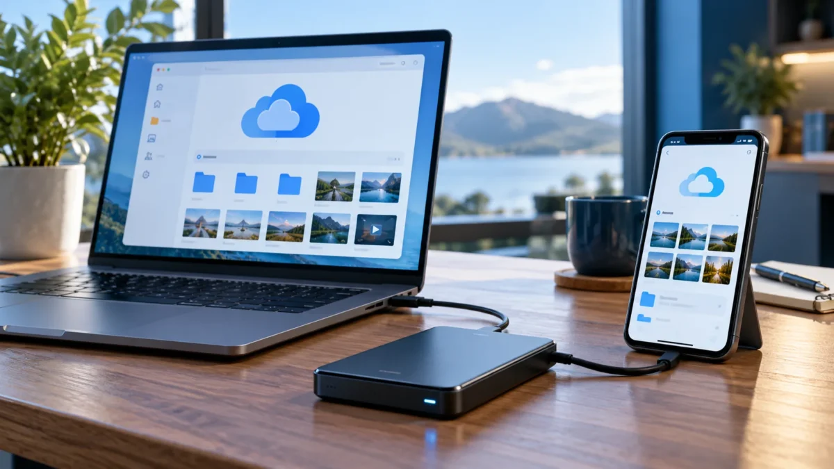 Ordinateur, smartphone et disque externe pour la gestion de fichiers