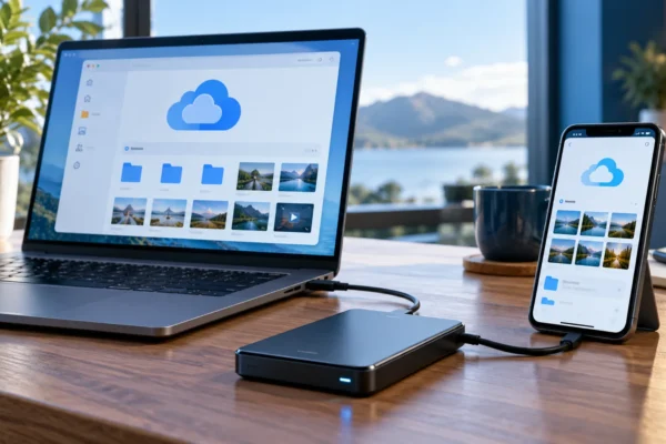 Ordinateur, smartphone et disque externe pour la gestion de fichiers