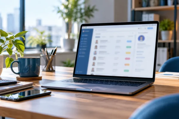 Fichier clients flouté sur un ordinateur dans un bureau