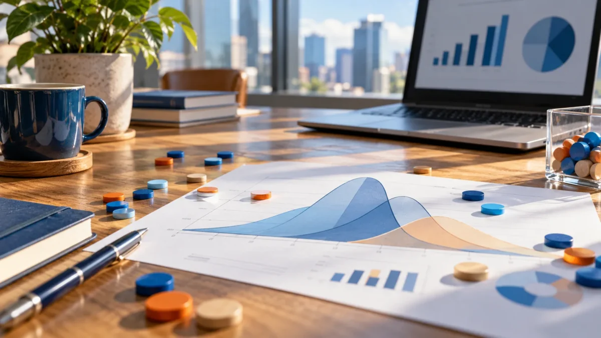 Documents d’analyse statistique et jetons colorés sur un bureau