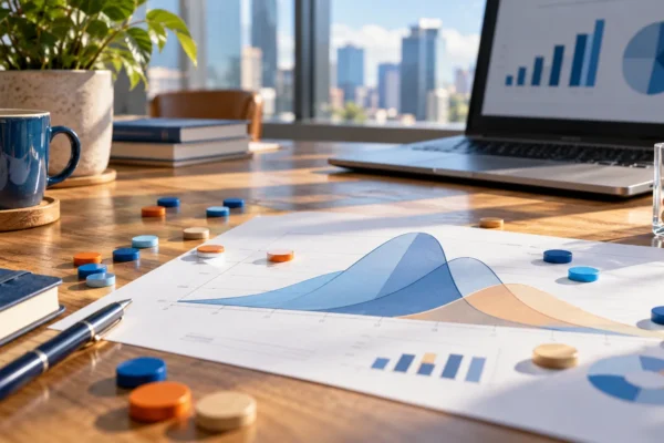 Documents d’analyse statistique et jetons colorés sur un bureau