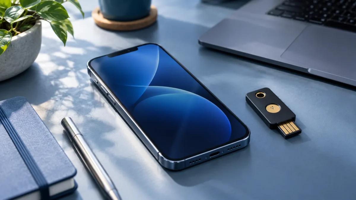 Téléphone et clé de sécurité matérielle sur un bureau