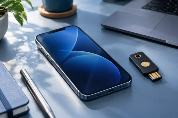 Téléphone et clé de sécurité matérielle sur un bureau