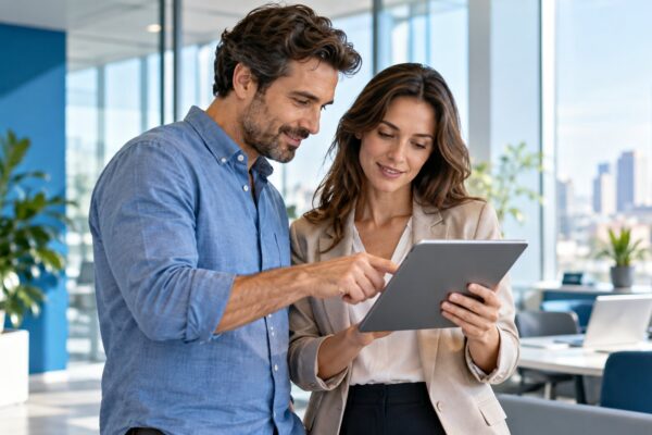 Deux collègues consultent un document sur une tablette