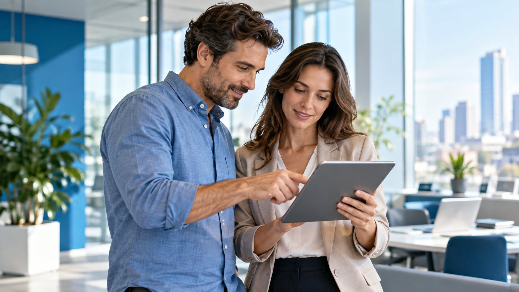 Deux collègues consultent un document sur une tablette