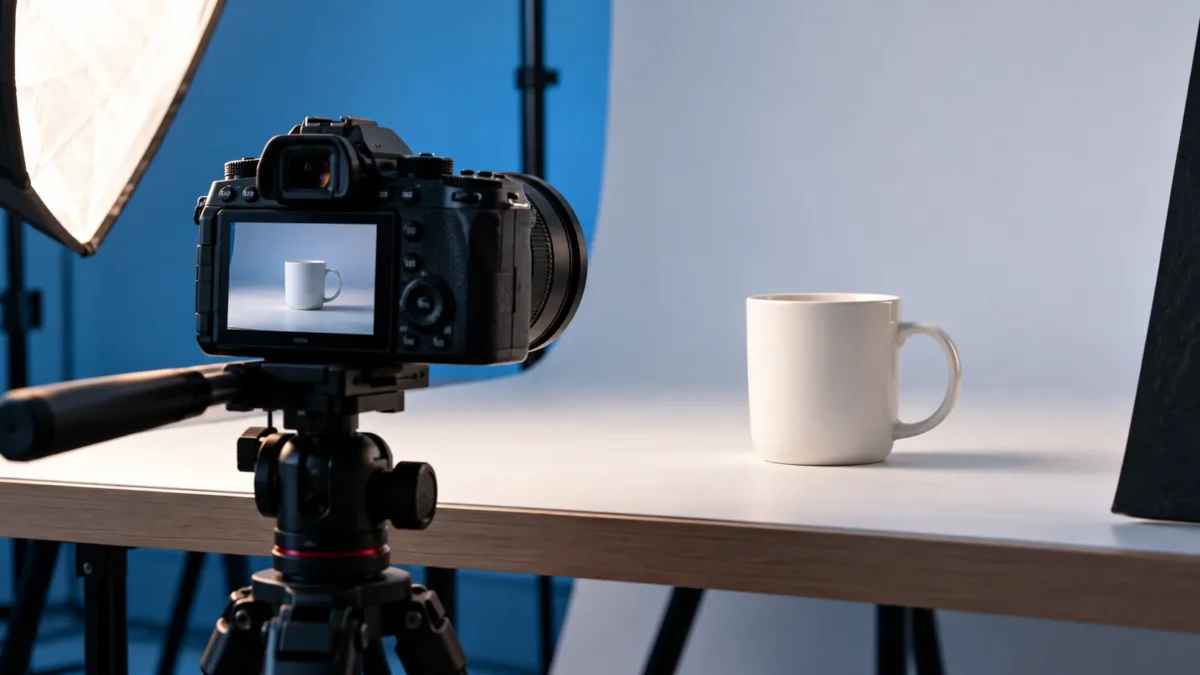 Appareil photo devant un produit sur un fond de studio