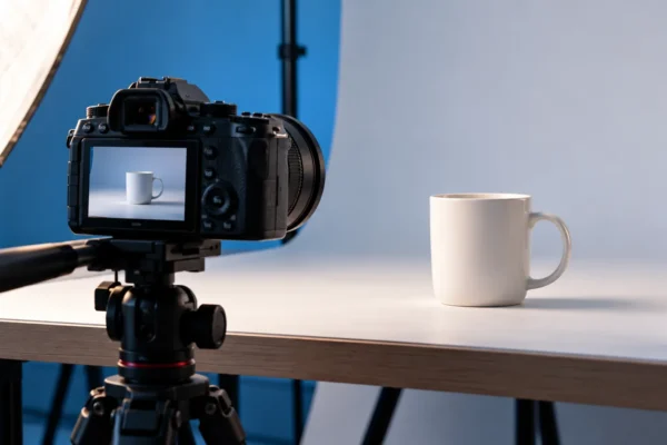 Appareil photo devant un produit sur un fond de studio