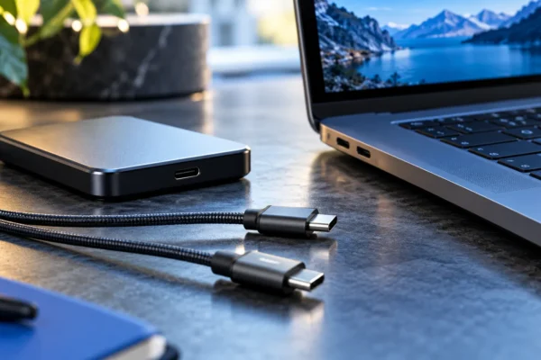 Câbles USB-C à côté d’un ordinateur portable et d’un SSD externe