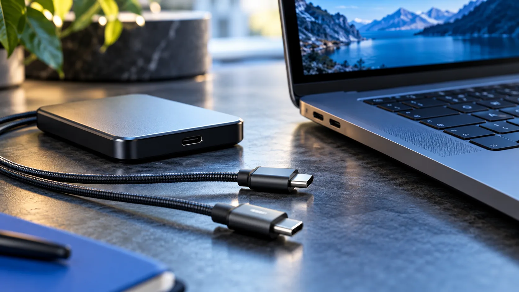 Câbles USB-C à côté d’un ordinateur portable et d’un SSD externe