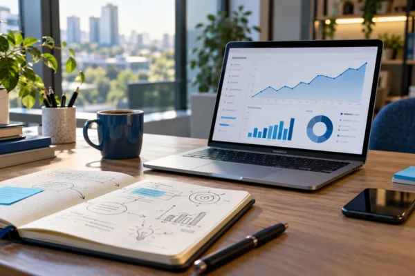 Tableau de suivi marketing sur un ordinateur et carnet de campagne