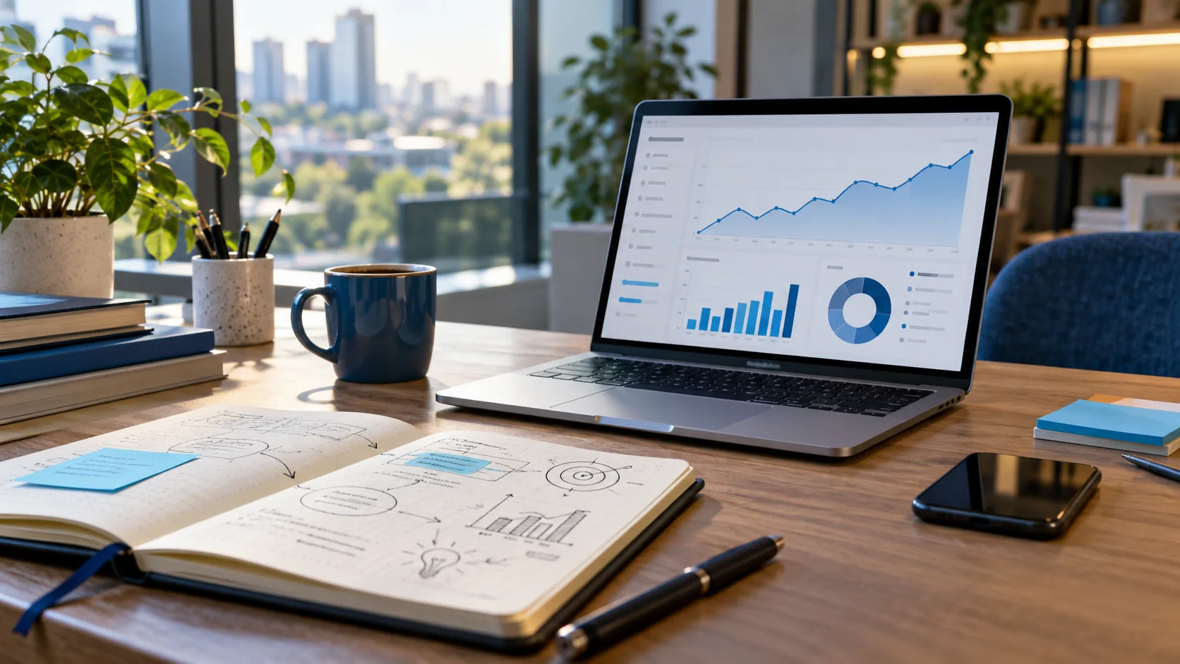 Tableau de suivi marketing sur un ordinateur et carnet de campagne