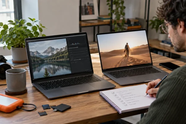 Illustration : Deux ordinateurs et une fiche de test logiciel