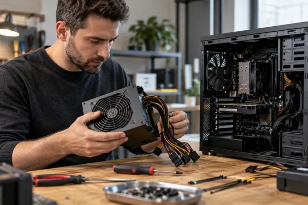 Illustration : Bloc d’alimentation sur un établi informatique