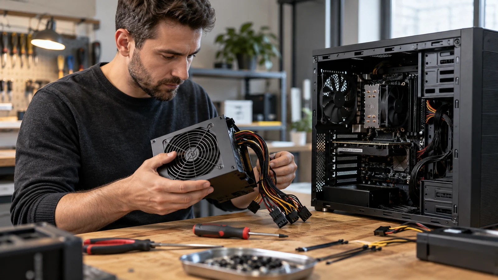 Illustration : Bloc d’alimentation sur un établi informatique