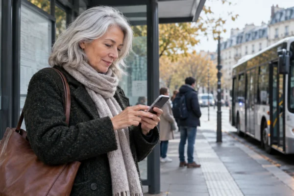 Illustration : Utilisatrice de smartphone à un arrêt de bus