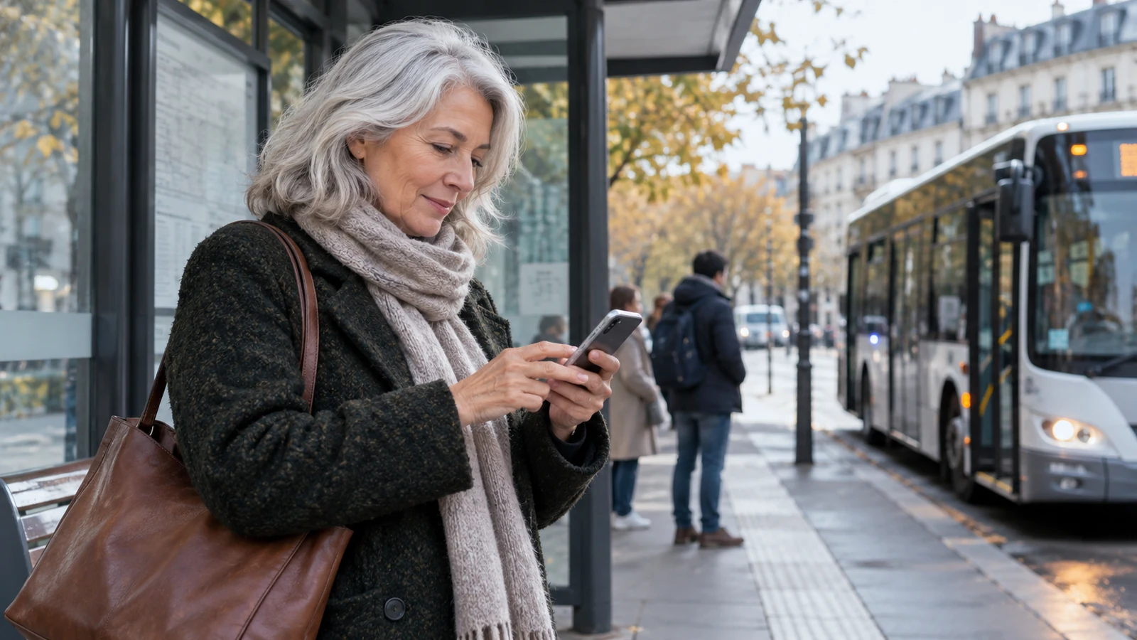 Illustration : Utilisatrice de smartphone à un arrêt de bus