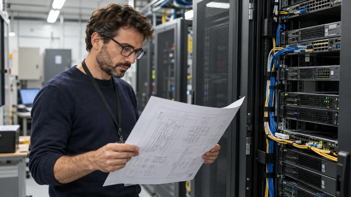 Illustration : Architecte informatique examinant un schéma près d’un serveur
