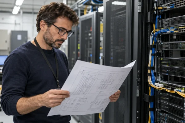 Illustration : Architecte informatique examinant un schéma près d’un serveur