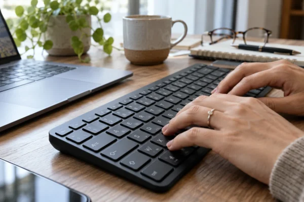 Illustration : Clavier AZERTY près d’un ordinateur portable