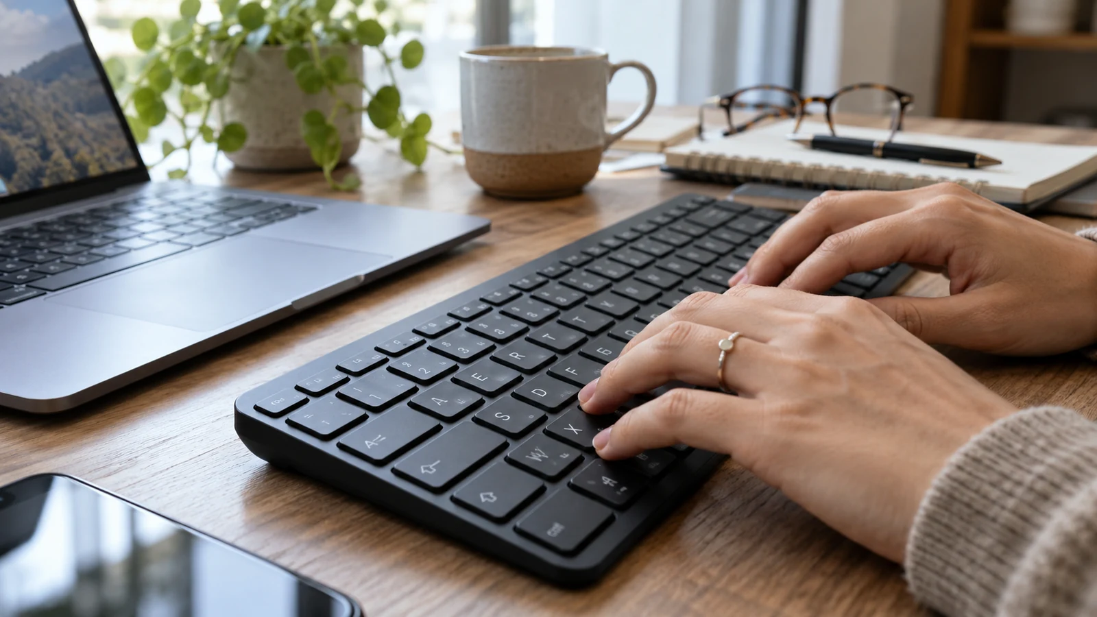 Illustration : Clavier AZERTY près d’un ordinateur portable