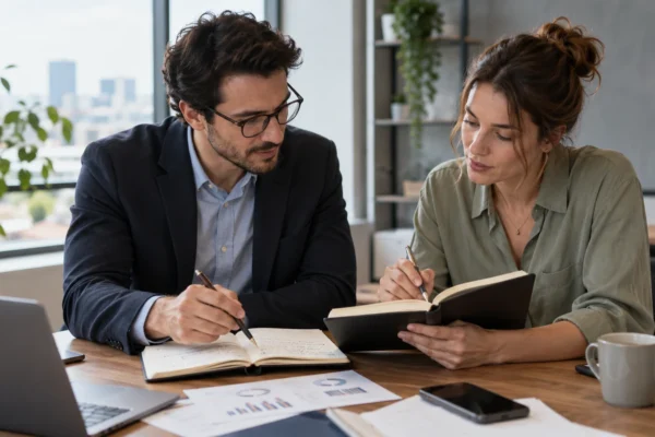 Illustration : Équipe commerciale comparant ses notes de qualification
