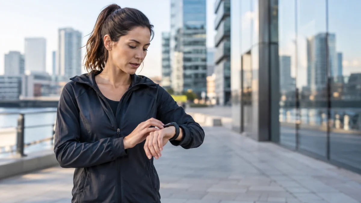Illustration : Coureur consultant sa montre en ville