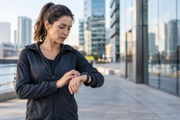 Illustration : Coureur consultant sa montre en ville