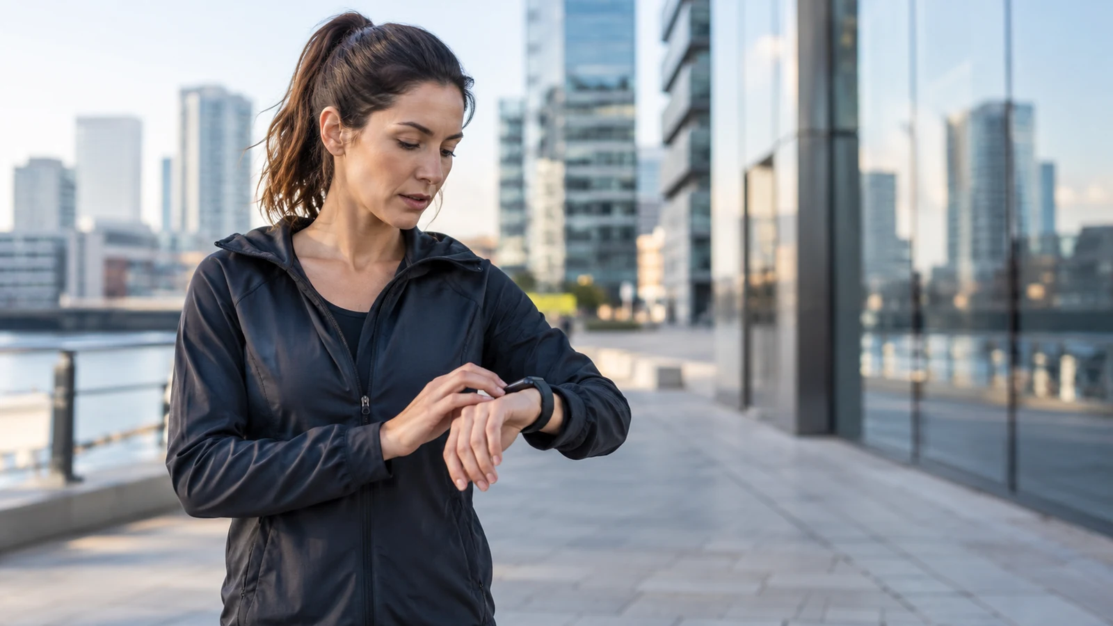 Illustration : Coureur consultant sa montre en ville