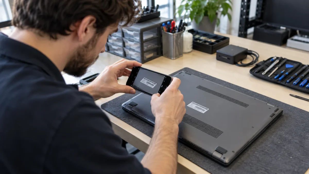 Illustration : Technicien relevant l’étiquette d’un ordinateur portable