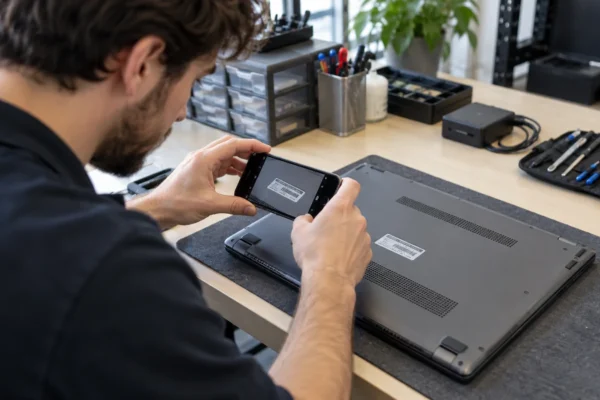 Illustration : Technicien relevant l’étiquette d’un ordinateur portable