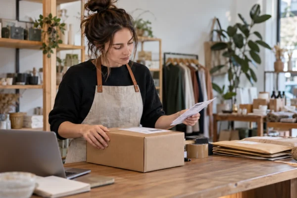 Illustration : Commerçante préparant un colis à expédier