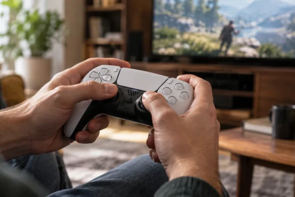 Illustration : Mains d’un joueur sur les sticks d’une manette