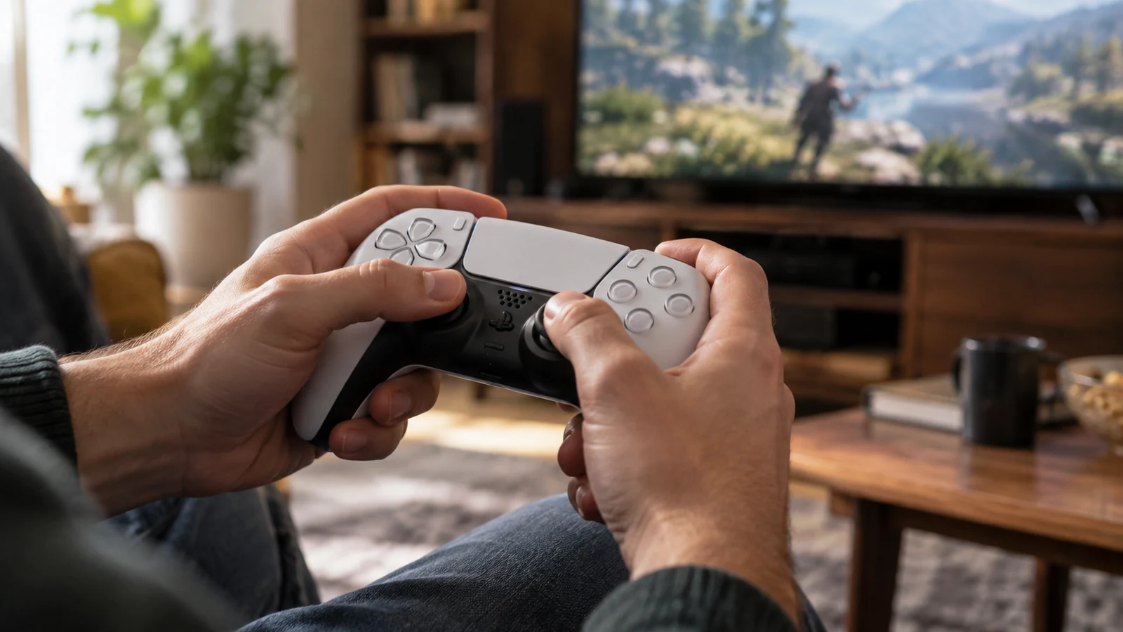 Illustration : Mains d’un joueur sur les sticks d’une manette