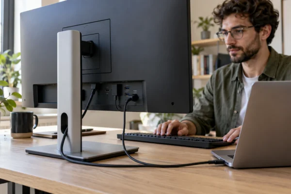 Illustration : Connectique d’un moniteur USB-C sur un bureau