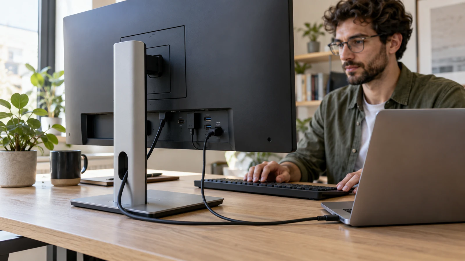 Illustration : Connectique d’un moniteur USB-C sur un bureau