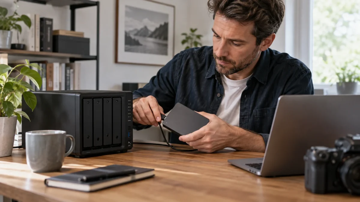 Illustration : NAS de bureau accompagné d’un disque de sauvegarde