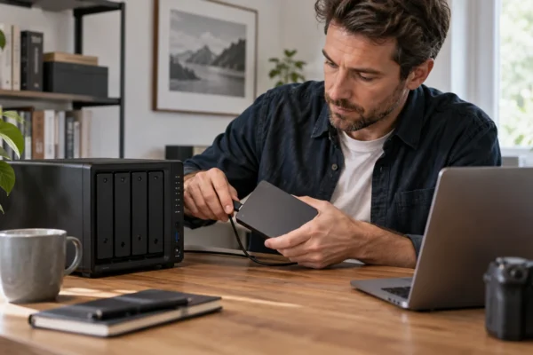 Illustration : NAS de bureau accompagné d’un disque de sauvegarde
