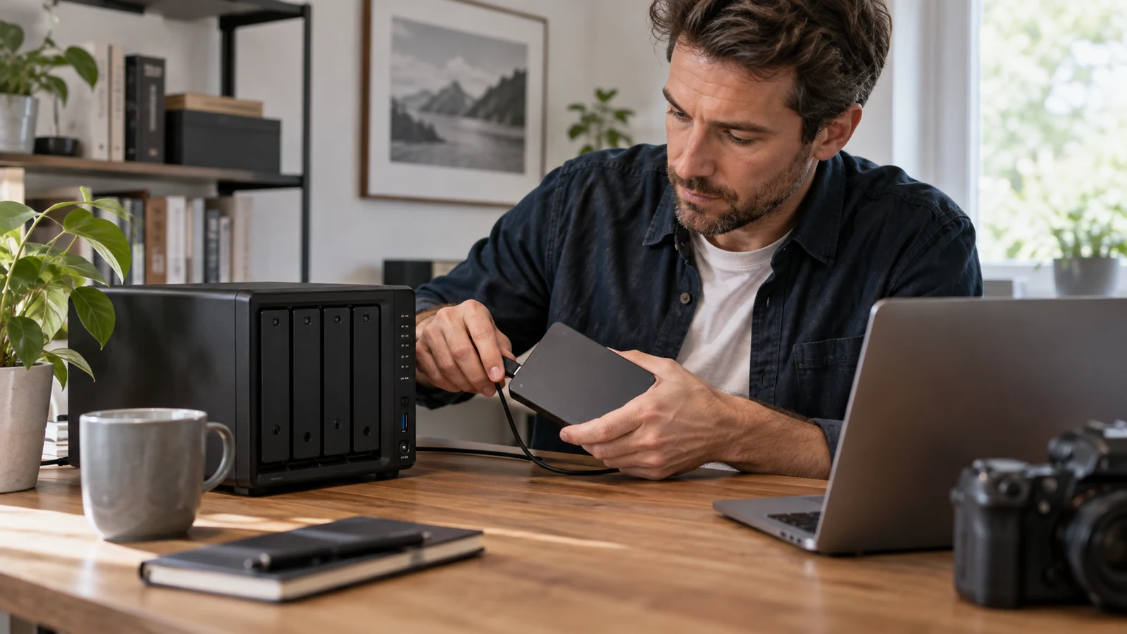 Illustration : NAS de bureau accompagné d’un disque de sauvegarde