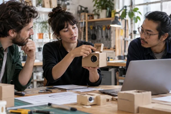 Illustration : Équipe présentant un prototype dans un atelier