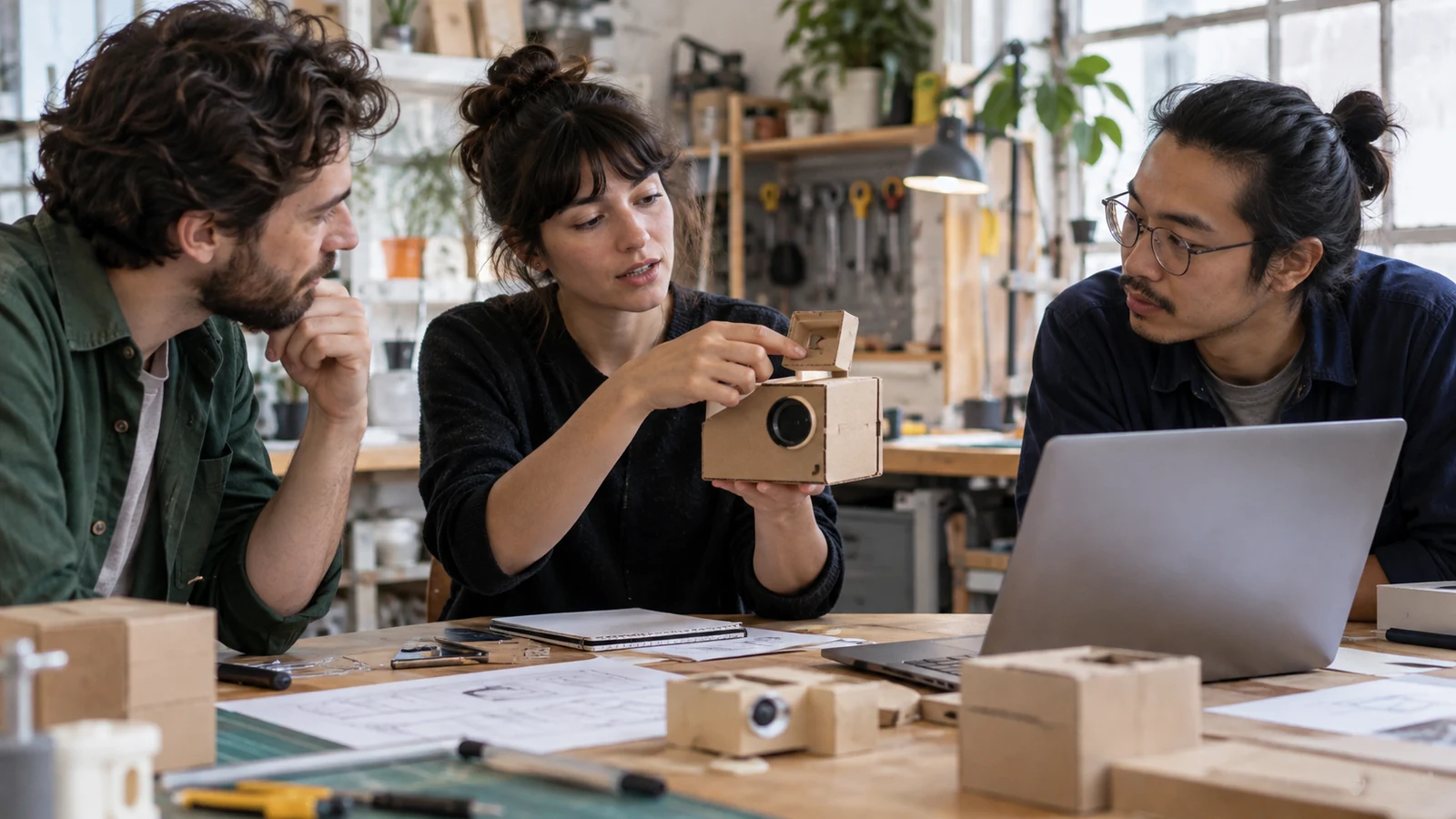 Illustration : Équipe présentant un prototype dans un atelier