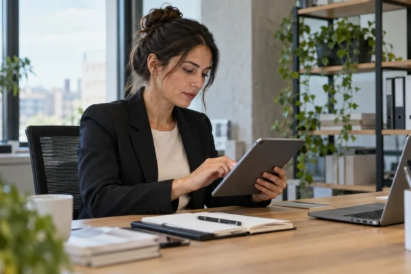 Illustration : Administratrice examinant une liste d’accès sur tablette