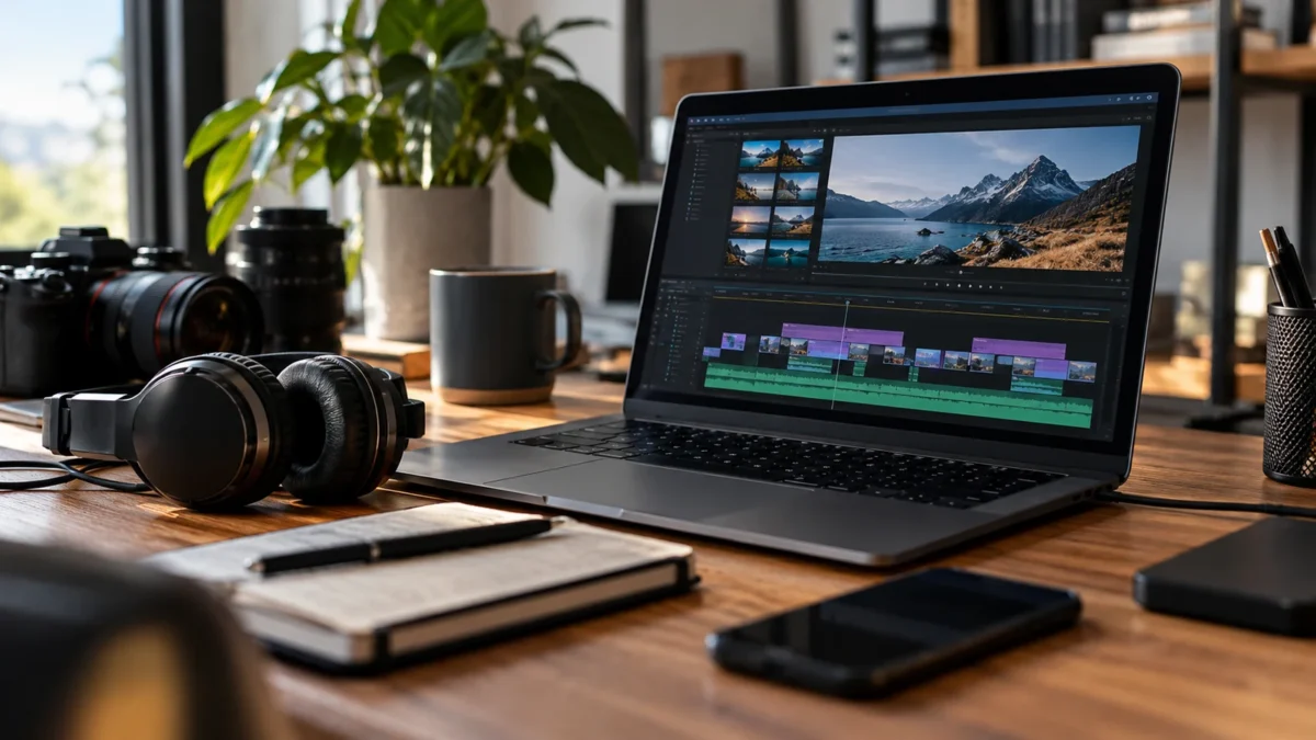 Illustration : Poste de montage vidéo avec casque et ordinateur