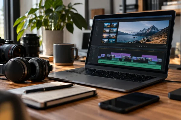 Illustration : Poste de montage vidéo avec casque et ordinateur