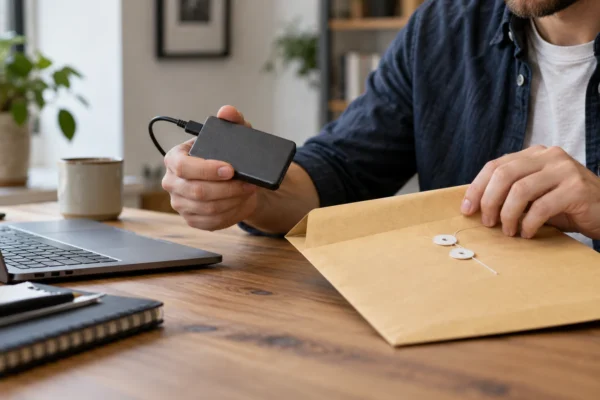 Illustration : SSD externe près d’une enveloppe de récupération
