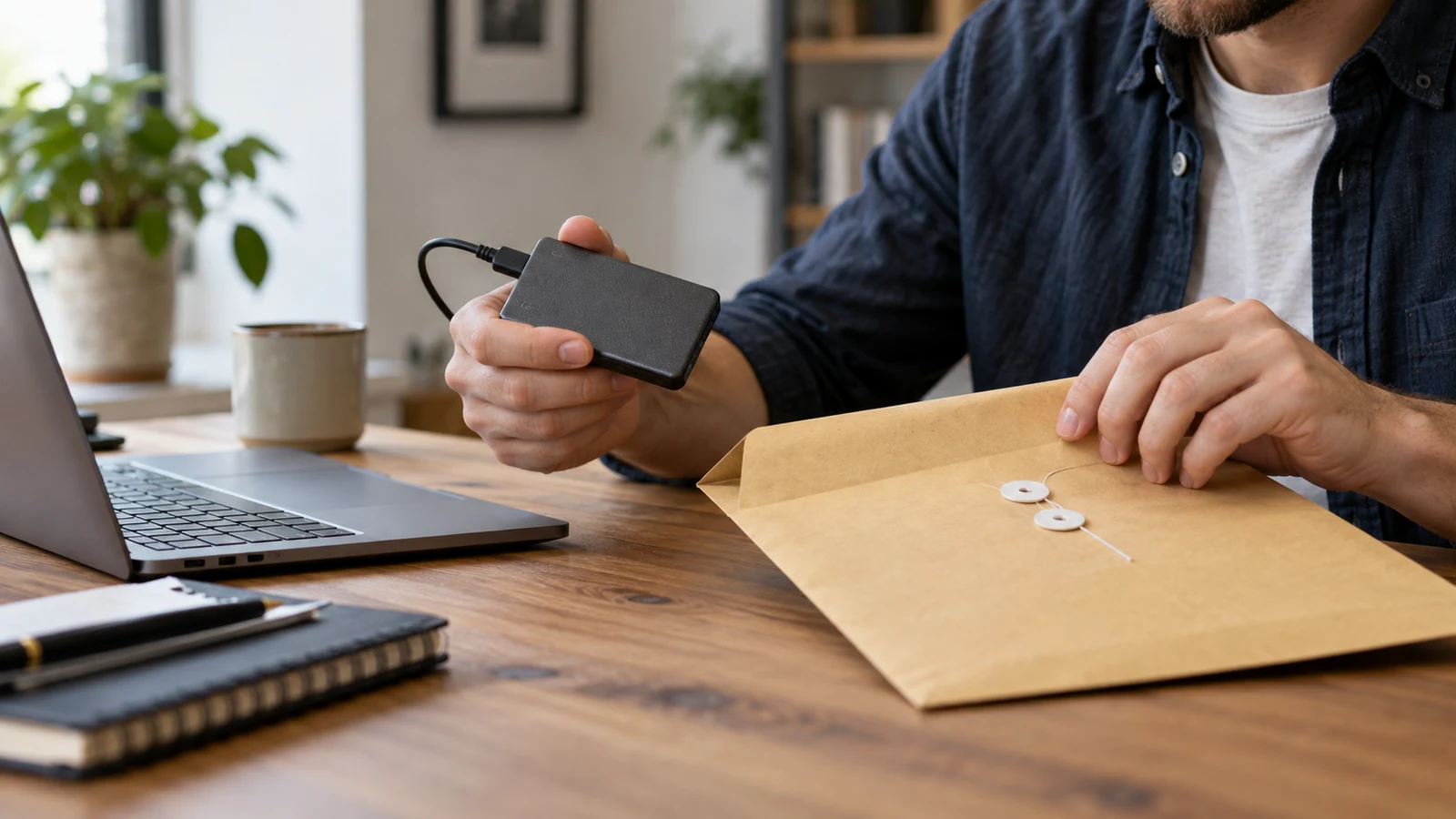 Illustration : SSD externe près d’une enveloppe de récupération