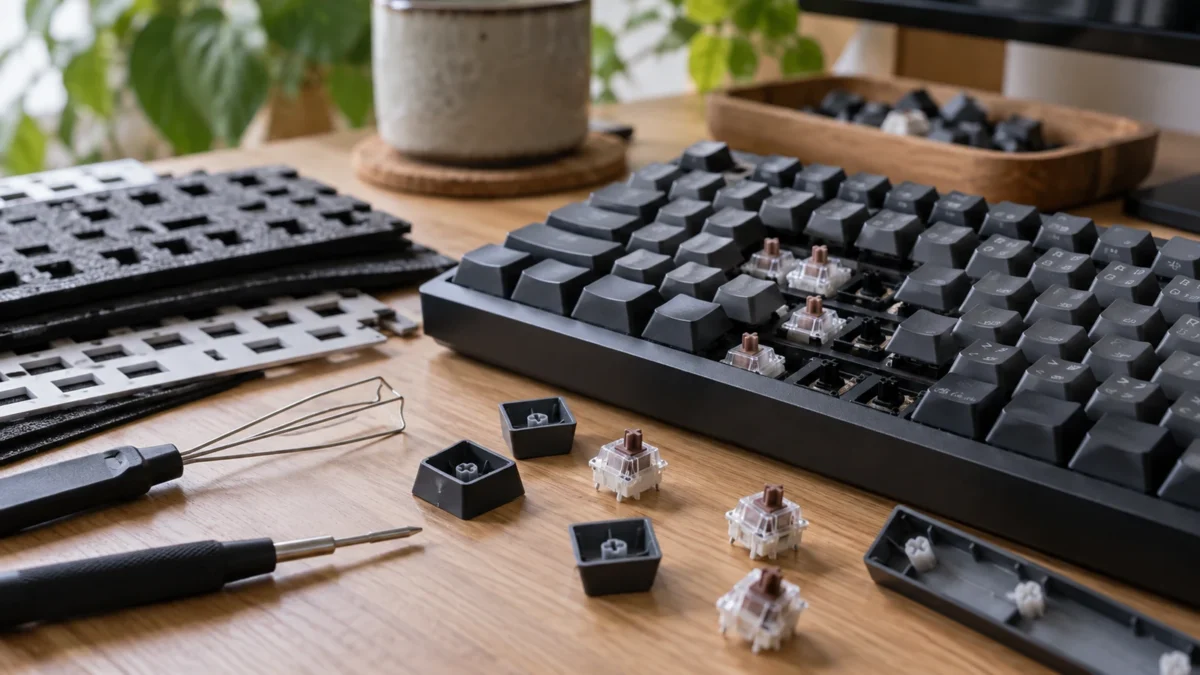Illustration : Clavier mécanique et composants sur un bureau