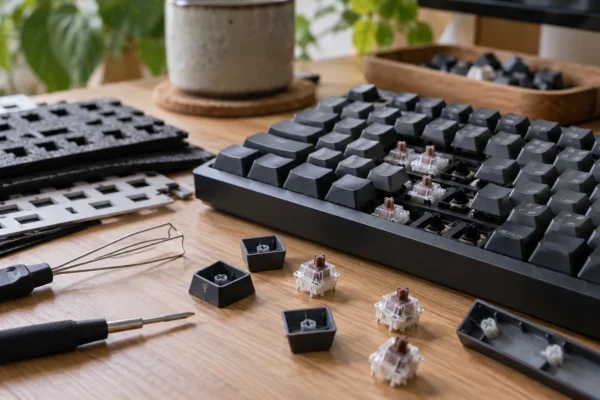 Illustration : Clavier mécanique et composants sur un bureau