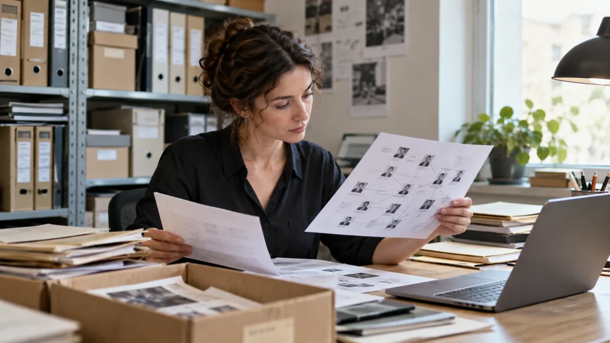 Illustration : Archiviste examinant les relations entre des dossiers