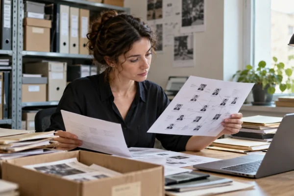 Illustration : Archiviste examinant les relations entre des dossiers