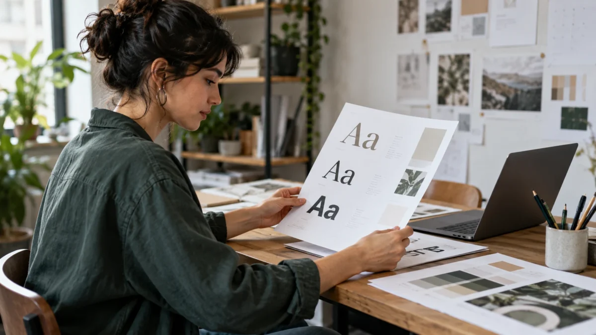 Illustration : Graphiste examinant des caractères et un logo